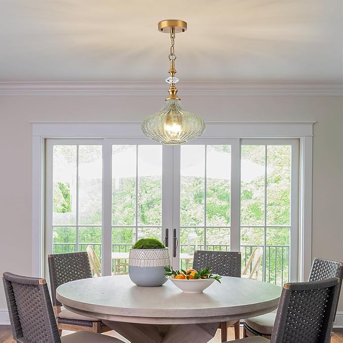 3-Light Chandelier,Vintage Gold Farmhouse Pendant Light Fixture for Kitchen,Adjustable Hanging Lighting with Green Glass Shade for Hallway Bedroom Entryway Dining Room Island