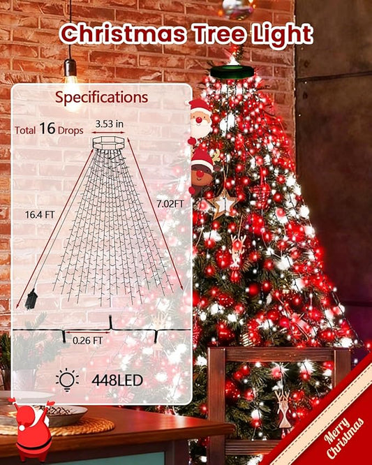 2025 New Christmas Tree Lights Indoor with Voice Control & Remote | 448LED Waterfall Tree Topper Lights with 12 Modes & Timer, 7FT x 16 Lines Cascading Twinkle Lights for 7FT Xmas Decor(Red White)