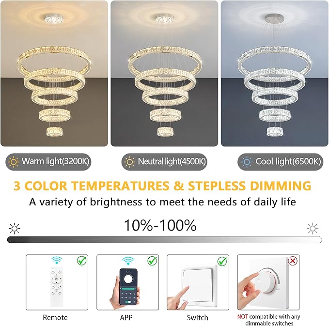 Modern High Ceiling Crystal Chandelier 90W Dimmable LED Chandeliers with Remote Luxury Height Adjustable Large Lighting Fixtures for Living Room Staircase Foyer Silver