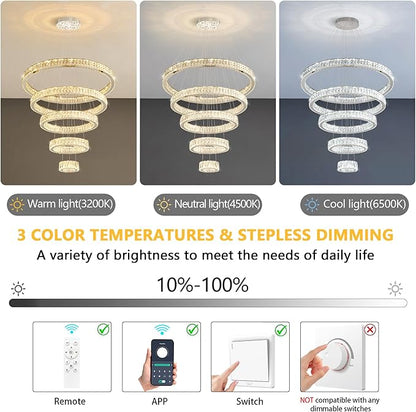 Modern High Ceiling Crystal Chandelier 90W Dimmable LED Chandeliers with Remote Luxury Height Adjustable Large Lighting Fixtures for Living Room Staircase Foyer Silver