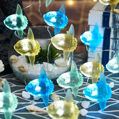 Sea Life Decor Ocean Fish String Lights Indoor Outdoor Mola Sunfish Nautical Theme Ocean Beach Decorative Lights Cute Marine Life Fairy Lights 30LED 10ft Battery Operated for Bedroom Garden Camp Tent