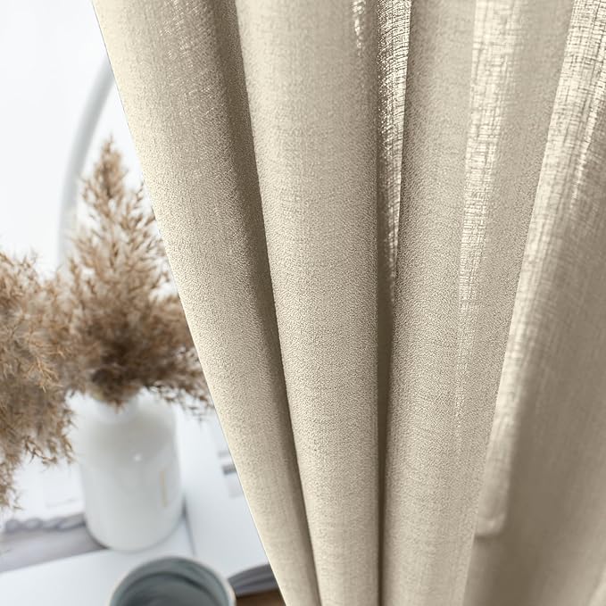 Melodieux Tan Semi Sheer Curtains 72 Inches Long for Bedroom, Living Room Farmhouse Linen Look Shiny Sheer Drapes, Rod Pocket Light Filtering Sheer Curtains, 52" W x 72" L, 2 Panels