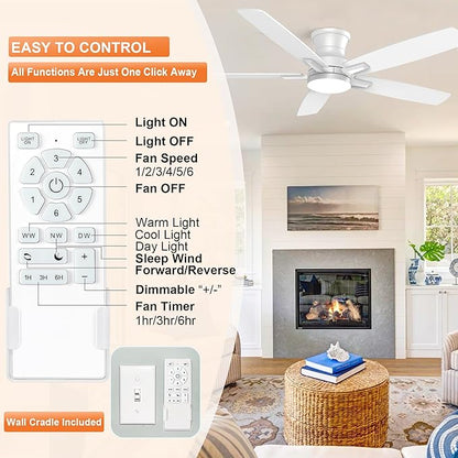 YUHAO 52 Inch Flush Mount White Ceiling Fan with Light and Remote Control.Noiseless,Dimmable,3CCT,6 Speeds Reversible, Low Profile DC Ceiling Fans for Indoor or Covered Outdoor Use,ETL Listed