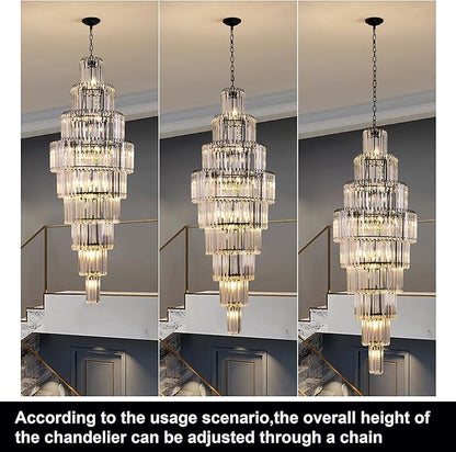 Modern Black Crystal Staircase Chandelier 9-Tier Large Foyer Chandelier for High Ceiling, Long Entryway Chandeliers Adjustable Chain for Entrance Hall Living Room Dia 23.7" x H 69" 20 Lights