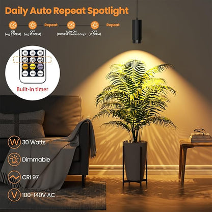 Remote Control Hanging Grow Lights for Indoor Plants, 30W Hanging Plant Light with Auto On/Off Timer, Full Spectrum LED Grow Light 3000K-5000K, Dimmable Plug in Pendant Hanging Lights, Black