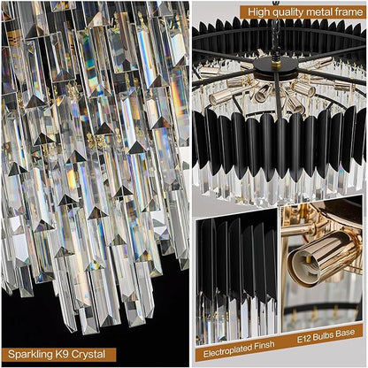 30'' Black Crystal Chandelier 6-Tier K9 Crystal Round Pendant Lights 15-Lights Adjustable Large Modern Crystal Chandelier Light for Dining Room Living Room Kitchen Foyer Entryway