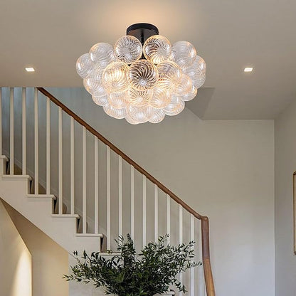 Hand Blown Glass Bubble Ball Chandelier Black Finish 20" Semi Flush Mount Ceiling Light Fixture Art Deco Cluster Ribbed Glass Globe Chandeliers Lighting for Dining Room Entry Living Bedroom