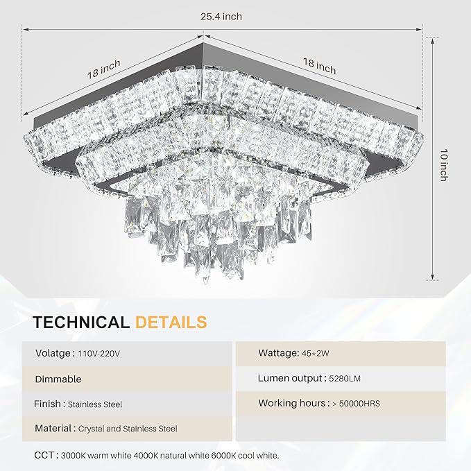 Miuyhji Elegant LED Crystal Raindrop Ceiling Light,18in Square Flush Mount Chandelier with Remote for Living Room Kitchen Island Bedroom Hallway Entryway Foyer (Dimmable)