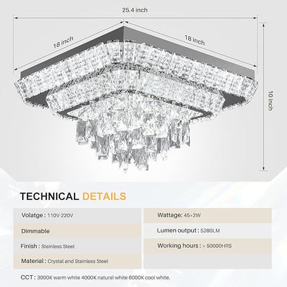 Miuyhji Elegant LED Crystal Raindrop Ceiling Light,18in Square Flush Mount Chandelier with Remote for Living Room Kitchen Island Bedroom Hallway Entryway Foyer (Dimmable)