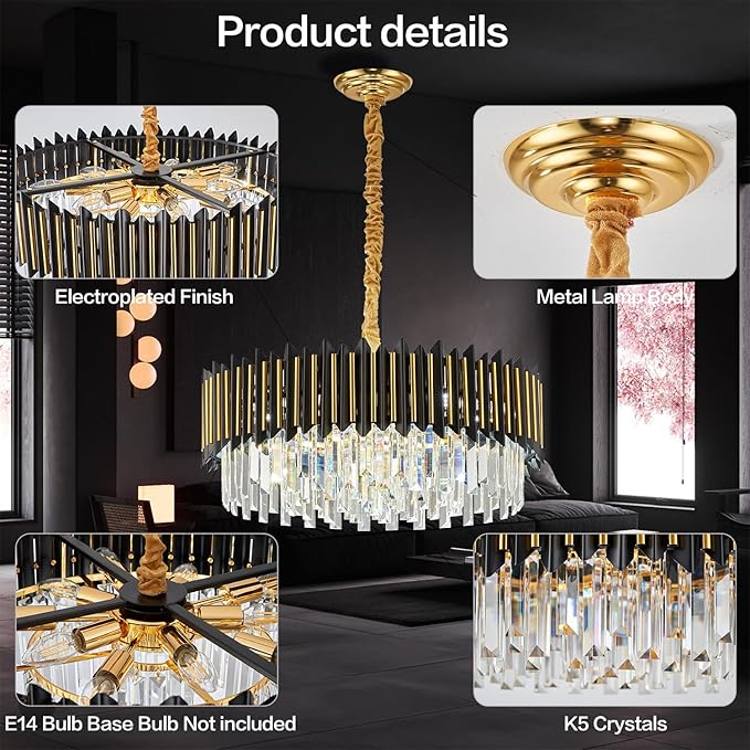 Black and Gold Chandelier 3-Tier Modern Large Crystal Chandelier Semi Flush Mount Chandelier Light Round Ceiling Light Fixture Ceiling Lamp Modern Chandelier for Dining room Living Room Kitchen