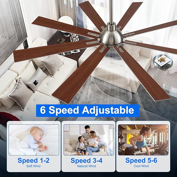 62 Inch Ceiling Fans with Lights and Remote, Nickel Large Ceiling Fan for Bedroom Living Room Indoor/Outdoor, 6 Speed Reversible DC Motor, 3CCT, Downrod, Dual Color 8 Blades, ETL Listed