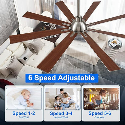 62 Inch Ceiling Fans with Lights and Remote, Nickel Large Ceiling Fan for Bedroom Living Room Indoor/Outdoor, 6 Speed Reversible DC Motor, 3CCT, Downrod, Dual Color 8 Blades, ETL Listed