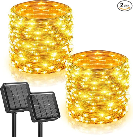 Minetom 2 Pack Solar Fairy Lights, Total 66 FT 200 LED Solar String Lights Outdoor Waterproof with 8 Modes, Christmas Lights for Outside Patio Fence Party Garden Yard Holiday Tree Decor (Warm White)