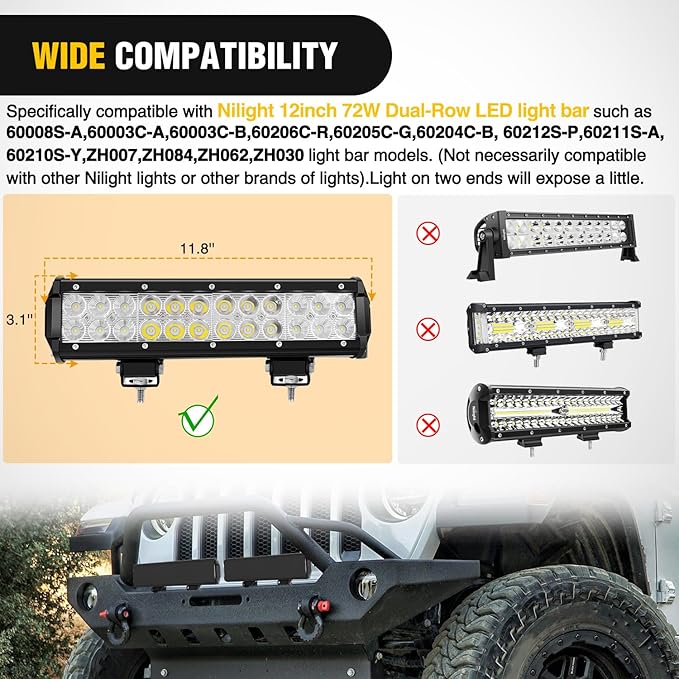 Nilight 12 Inch LED Light Bar Cover 2 PCS Black Protective Covers Durable Polycarbonate Lens Waterproof Dustproof Scratch-Proof for Double-Row Lights Off Road Driving Lighting