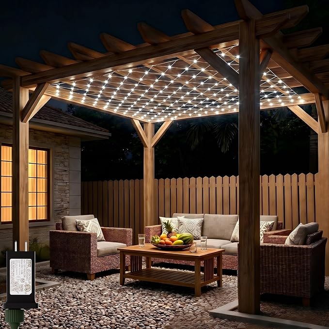 LitHome 10 x 10FT Gazebo Net Lights Outdoor, 200 LED Gazebo Lighting Waterproof, 8 Modes Connectable Net Lights with Timer, Cool White Christmas Mesh Light Plug in for Bushes, Pergolas, Garden Decor