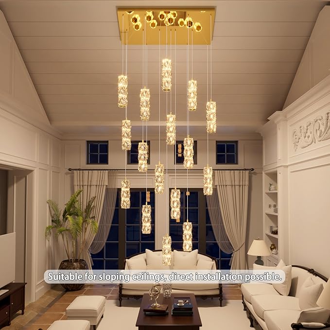 ykolupty Modern Rectangle Chandelier 16-Lights Crystal Chandeliers LED Dimmable Gold Linear Chandelier Flush Mount Crystal Pendant Light for Living Room Dining Room Foyer