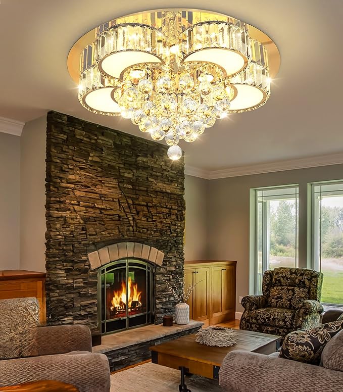 23.6" Gold Modern Crystal Chandeliers for Dining Room LED Dimmable Light Fixtures Flush Mount Light Living Room Bedrooms