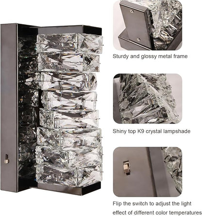 HuisMier Modern Crystal Wall Sconce, Black Dimmable LED Wall Light Fixtures with 3 Color Temperature, Luxury Black Bathroom Wall Sconce for Bedroom Living Room Mirror Stairway Hallway