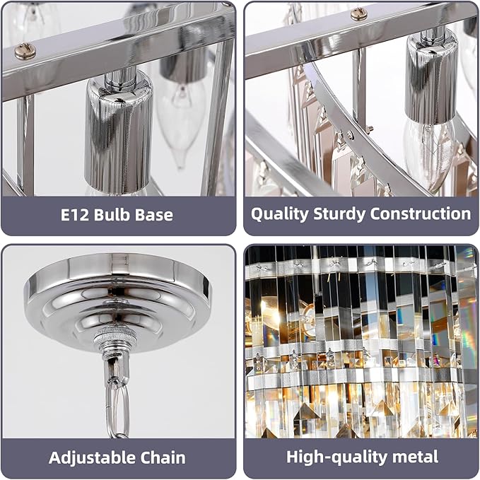 Chrome Modern Top K9 Crystal Chandelier Lighting Fixture, 6 Lights Round K9 Crystal Adjustable Hanging Lamp for Dining Room Bedroom Living Room,Hallway,Bar,Kitchen W17.6