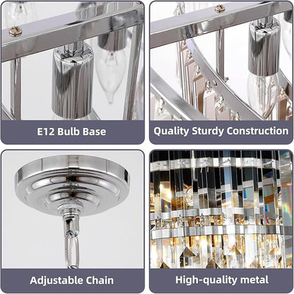 Chrome Modern Top K9 Crystal Chandelier Lighting Fixture, 6 Lights Round K9 Crystal Adjustable Hanging Lamp for Dining Room Bedroom Living Room,Hallway,Bar,Kitchen W17.6