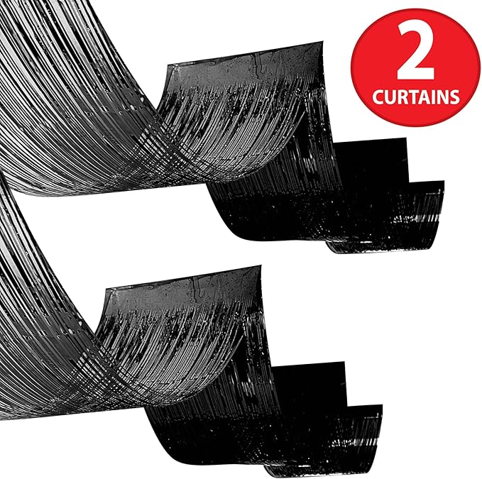 Beistle Black Metallic Fringe Ceiling Curtains – 2-Pack Extra-Long Shiny Tinsel Streamer Decorations with Tape for Halloween, New Year’s Eve, Birthday Parties, and Event Backdrops, 19½" x 16'