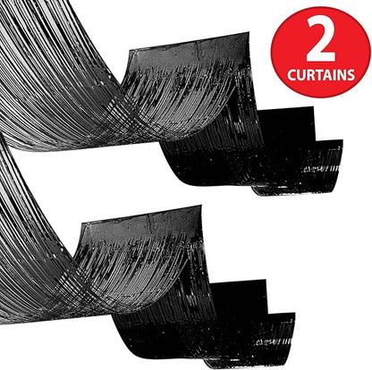 Beistle Black Metallic Fringe Ceiling Curtains – 2-Pack Extra-Long Shiny Tinsel Streamer Decorations with Tape for Halloween, New Year’s Eve, Birthday Parties, and Event Backdrops, 19½" x 16'
