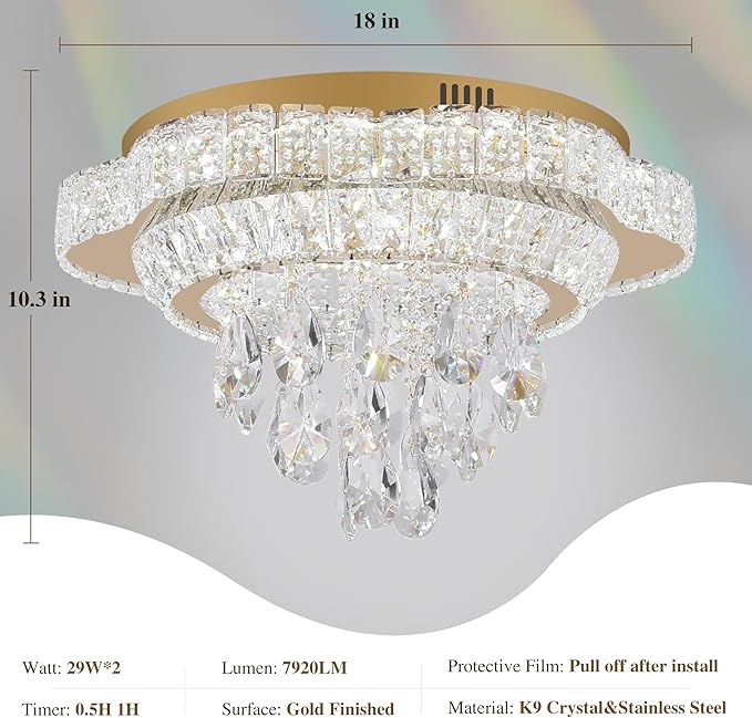 Gold 18" Modern Flush Mount Chandelier for Bedroom, LED Crystal Ceiling Light Over Table,Elegant Dining Room Lighting Fixture with Remote Control, 3CCT Dimmable