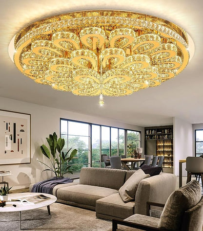 47'' Modern Crystal Chandeliers for Living Room Large Chandelier Ceiling Light Fixture LED Dimmable with Remote Flush Mount Lighting for Dining Room Bedroom Gold
