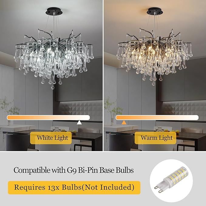 Modern Crystal Raindrop Chandelier, Black Round Art Deco Tree Branch Lighting Fixture for Dining Room Living Room Foyer 13 Lights D31.5''