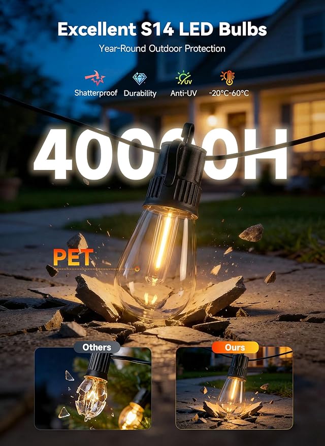 Minetom 101FT Outdoor-String-LED-Patio-Lights-Waterproof, 31Shatterproof S14 Vintage Edison Bulbs, Commercial Grade Outside Hanging Lights Waterproof for Porch Deck Garden Backyard Balcony Cafe Bistro