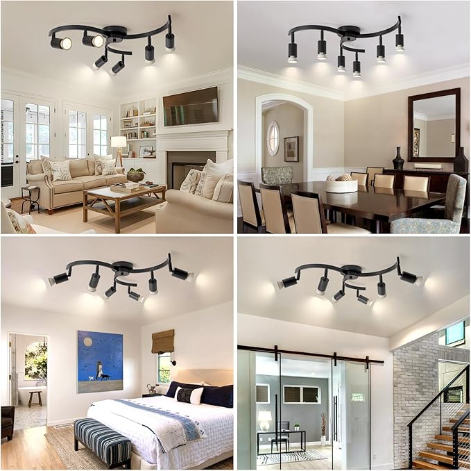 6 Light Track Lighting Fixtures Ceiling, Flexibly Rotatable Light Heads, Black Semi Flush Mount Ceiling Light for Kitchen Dining Room Living Room.Gu10 Bulb Base.