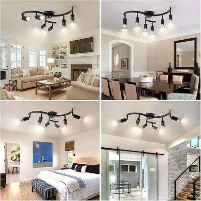 6 Light Track Lighting Fixtures Ceiling, Flexibly Rotatable Light Heads, Black Semi Flush Mount Ceiling Light for Kitchen Dining Room Living Room.Gu10 Bulb Base.