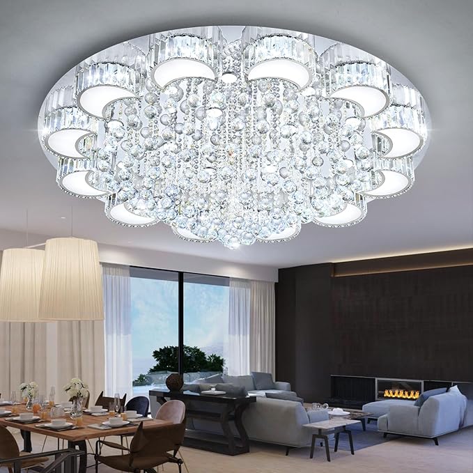 47" Silver Modern Crystal Chandeliers for Dining Room LED Dimmable Light Fixtures Flush Mount Light Living Room Bedrooms
