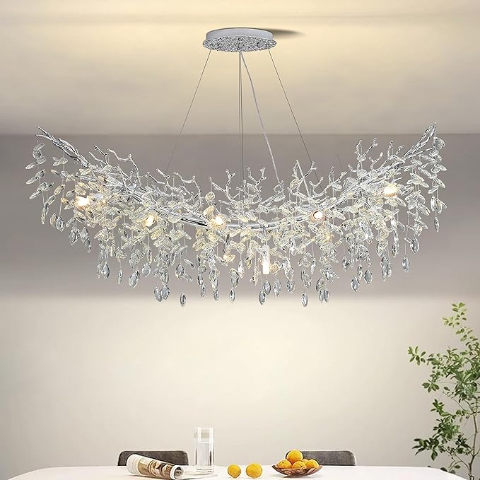 Modern Crystal Tree Branches Chandelier, 47.5in Silver 12 Lights Large Ceiling Hanging Light for Dining Room, Arc Raindrop Pendant Light Fixture