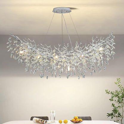 Modern Crystal Tree Branches Chandelier, 47.5in Silver 12 Lights Large Ceiling Hanging Light for Dining Room, Arc Raindrop Pendant Light Fixture