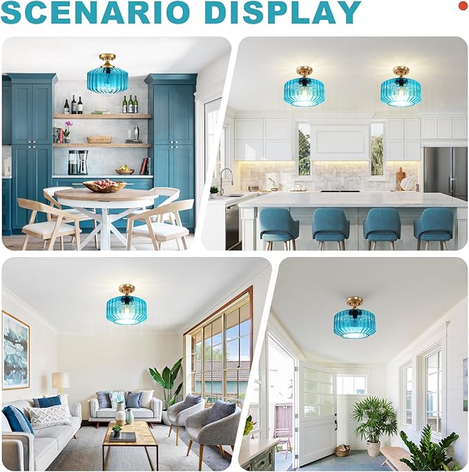 11.02" Blue Glass Flush Mount Ceiling Light, Vintage Gold Modern Close-to-Ceiling Fixture for Hallway, Bathroom, Bedroom, Entryway, E26 Compatible (No Bulb)