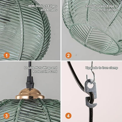 Plug in Pendant Lighting, 8.6" Green Glass Pendant Light Plug in Hanging Light Fixture with Cord, Mid Century Modern Hanging Lamp for Living Room Bedroom Dining Room Kitchen