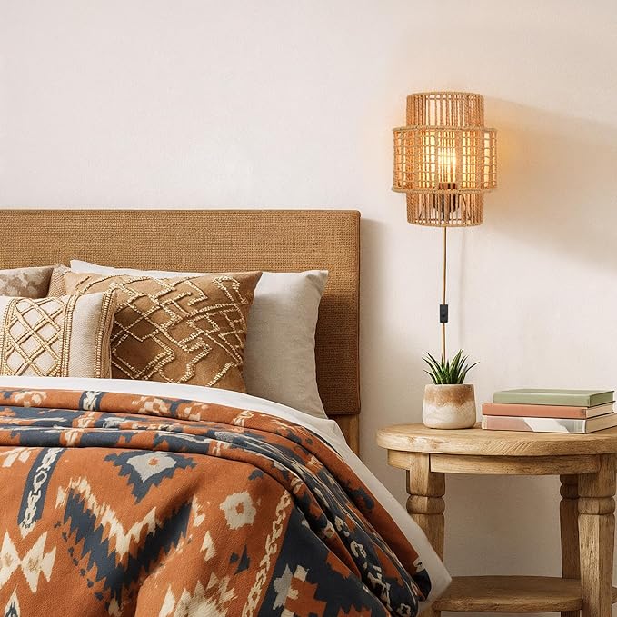 Plug-in Boho Wall Sconces Set of 2, Handwoven Rattan Wall Lights with On/Off Switch, Bohemian Light Fixtures for Bedroom, Living Room