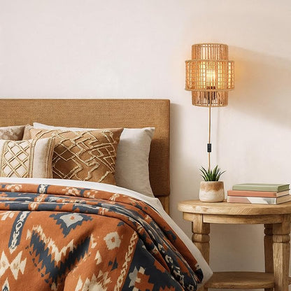 Plug-in Boho Wall Sconces Set of 2, Handwoven Rattan Wall Lights with On/Off Switch, Bohemian Light Fixtures for Bedroom, Living Room