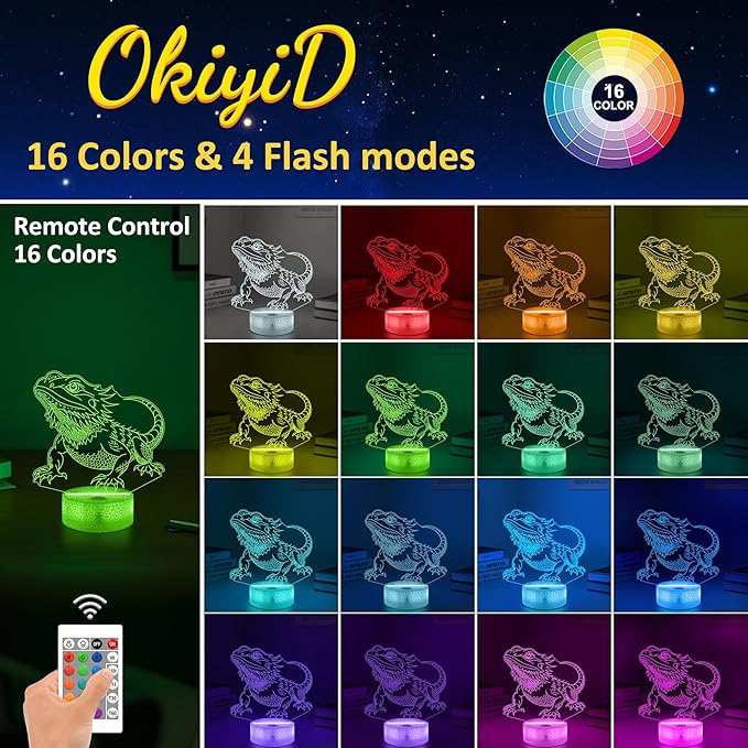 OkiyiD Bearded Dragon Night Light 3D Illusion Lamp - 16 Color Changing Remote Control, Unique Gifts for Boys Girls, Cool Bearded Dragon Lizard Tank Accessory Decor Gifts for Pet Lovers