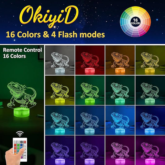 OkiyiD Bearded Dragon Night Light 3D Illusion Lamp - 16 Color Changing Remote Control, Unique Gifts for Boys Girls, Cool Bearded Dragon Lizard Tank Accessory Decor Gifts for Pet Lovers