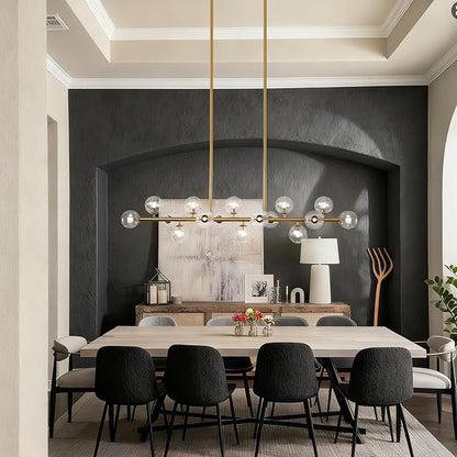 Gold Linear Rectangle Chandelier Modern Chandelier Glass Pendant Light Fixture Adjustable for Dining Living Room Kitchen Island 16-Light