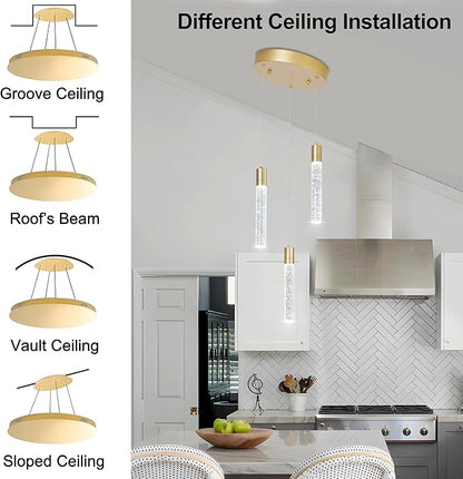 3 Light Pendant Lights Kitchen Island,Modern LED Bubble Crystal Pendants with Dimmable 3000K-6000K Ceiling Hanging Light Fixture for Dining Room Bedroom,Gold Finish,Adjustable Height 59"