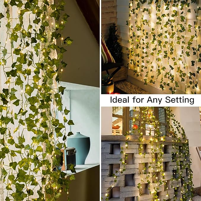 suddus Vines with Light for Bedroom, 200 LED Fairy Lights with Vines, Ivy Curtain Lights for Dorm, Wedding, Party, Wall, Indoor, Outdoor Decor, 6.5ft x 6.5ft with Remote（Warm White）