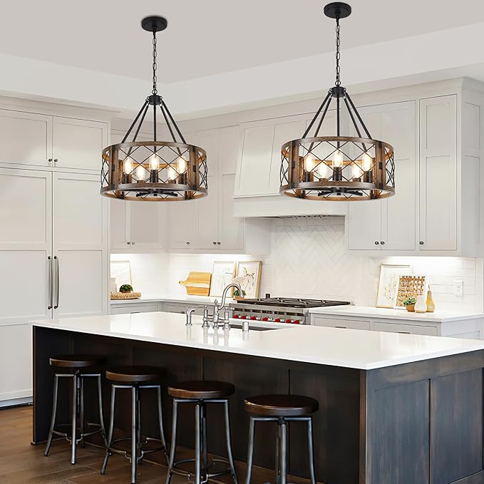 5-Light Farmhouse Chandelier 19.8" Black and Brown Rustic Chandelier for Dining Room Wood Texture Adjustable Pendant Light Fixture for Kitchen Island Entryway Bedroom Hallway