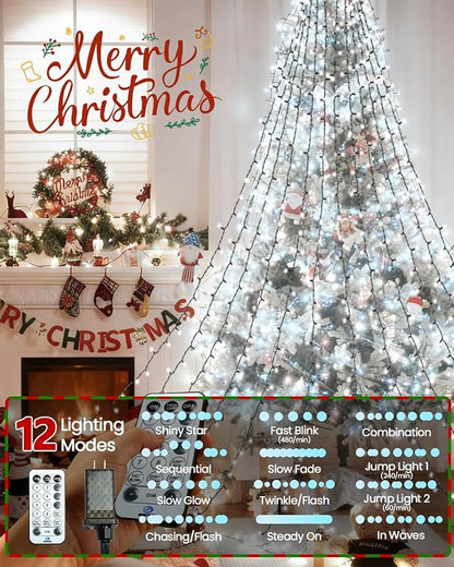 2025 New Christmas Tree Lights Indoor with Voice Control & Remote | 448LED Waterfall Tree Topper Lights with 12 Modes & Timer, 7FT x 16 Lines Cascading Twinkle Lights for 7FT Xmas Decor(Cool White)