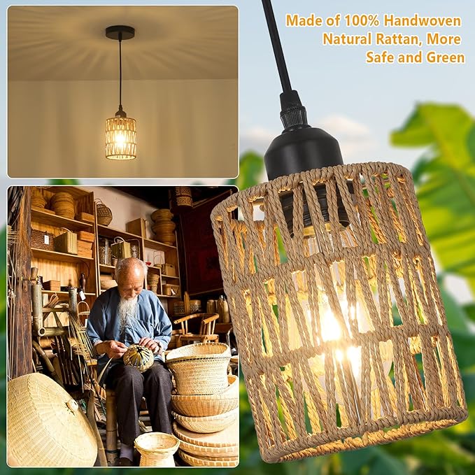 LAMSU 1-Light Rattan Pendant Lights, Boho Farmhouse Pendant Lighting with 4.7×5.9in Hand Woven Shade, Small Wicker Light Fixture Ceiling Hanging for Dining Room Kitchen, Height Adjustable up to 61in