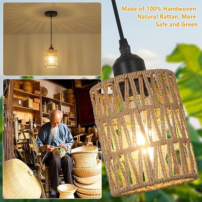 LAMSU 3 Pack Rattan Pendant Lights Kitchen Island, Farmhouse Pendant Lighting with Hand Woven Wicker Shade, Boho Chandelier Light Fixtures Ceiling Hanging for Dining Room Bedroom Foyer Hallway