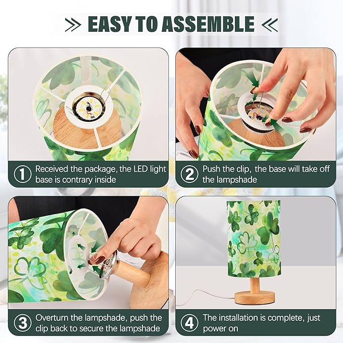 Clover Irish Shamrock on Patchwork St Patricks Day Table Lamp with Wood Base Fabric Lamp Shade Bedside Nightstand Desk Lamp for Living Room Bedroom Kids Room Office