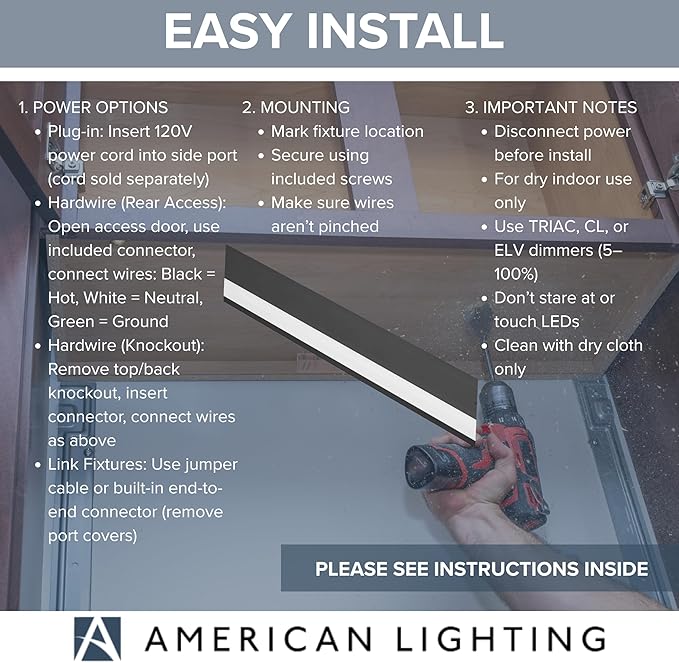 American Lighting LED Courant Plus Undercabinet Light 40 Inch 5CCT 90+ CRI 2000 Lumens with USB-A USB-C and 20A Receptacles Black Finish – Title 24 Compliant